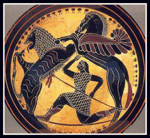 Bellerophon, Pegasus and Khimaira. Kylix Laconian Black Figure. Ca 570 - 565 BC.